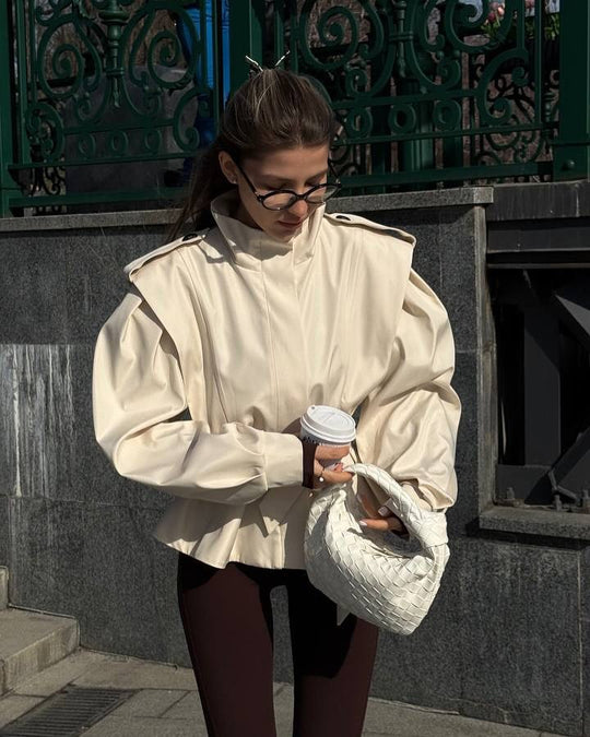 Damen stylische Bluse mit hohen Kragen und seitlichem Taillengürtel R&B
