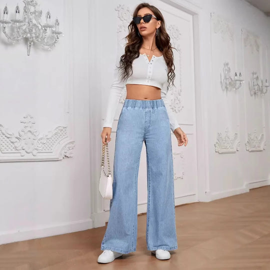 Damen Weite Jeanshose mit elastischem Bund und dekorativen Nähten R&B