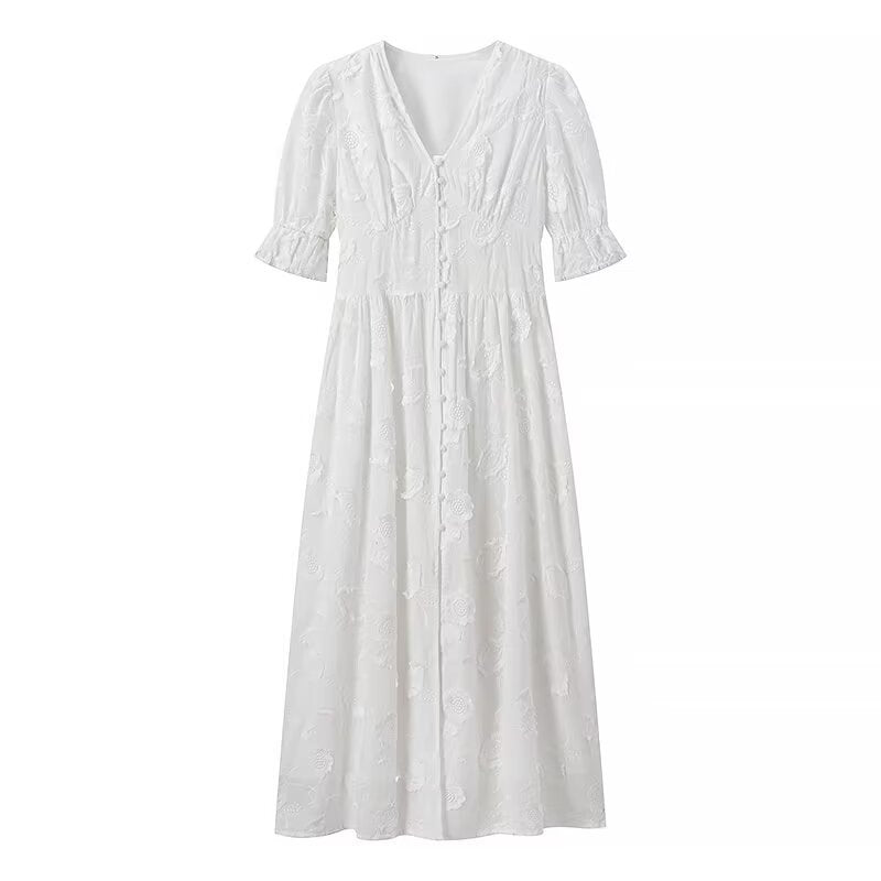 Damen Maxikleid mit floralem Bestickungsdesign und eleganten Puffärmeln R&B