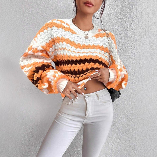 Damen Strickpullover mit kreativem Lochmuster und modischen Farbakzenten R&B
