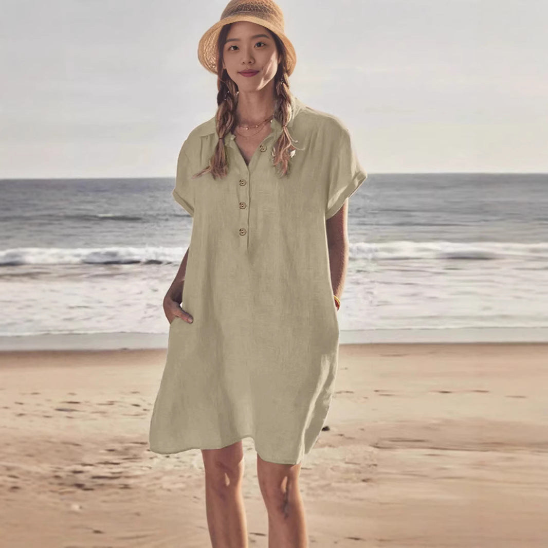 Damen leichtes Strandhemdkleid mit Knopfleiste und Seitentaschen R&B