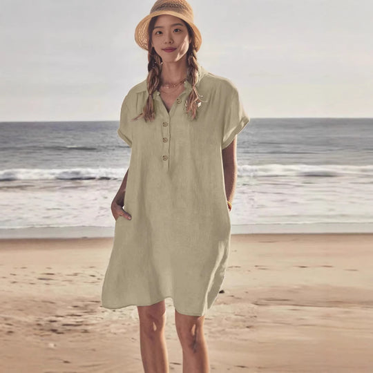 Damen leichtes Strandhemdkleid mit Knopfleiste und Seitentaschen R&B