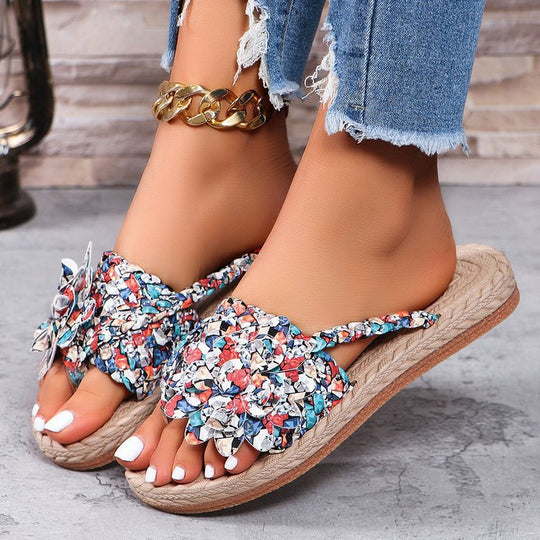 Damen Zehentrenner-Sandalen mit dekorativen Blütenapplikationen und rutschfester Sohle R&B