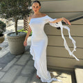Damen Elegantes Off-Shoulder Maxikleid mit fließendem Stoff und bezaubernden Rüschen