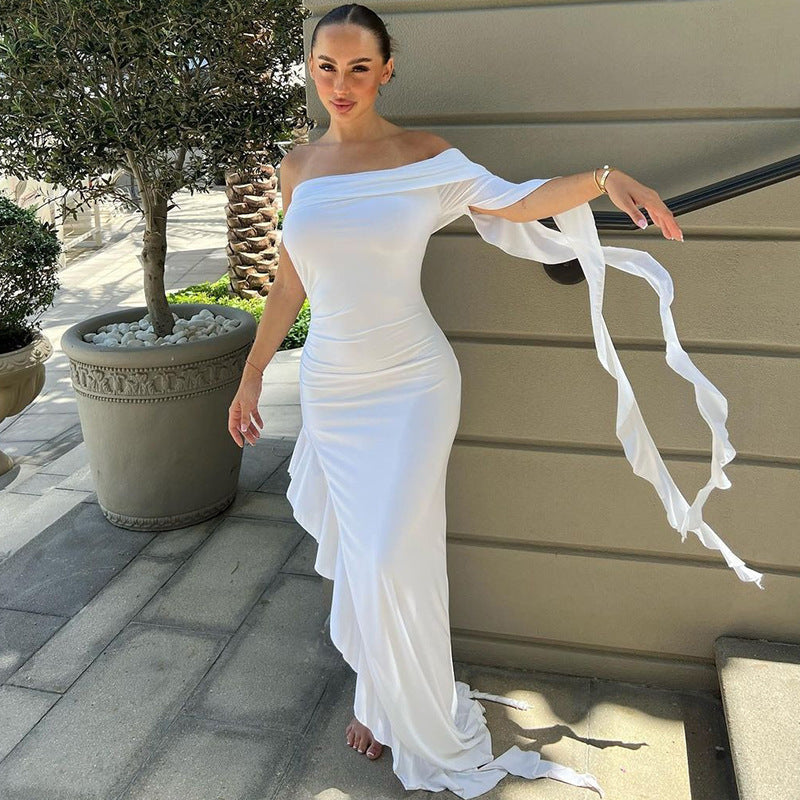 Damen Elegantes Off-Shoulder Maxikleid mit fließendem Stoff und bezaubernden Rüschen