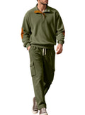 Herren nan strukturierter Troyer-Pullover mit Stehkragen Druckknopfleiste und Velours-Ellenbogenpatch R&B