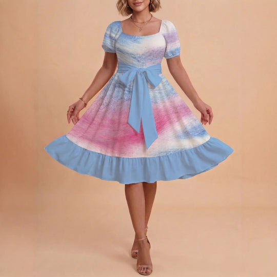 Damen Retro Maxikleid mit Puffärmeln und Taillengürtel R&B