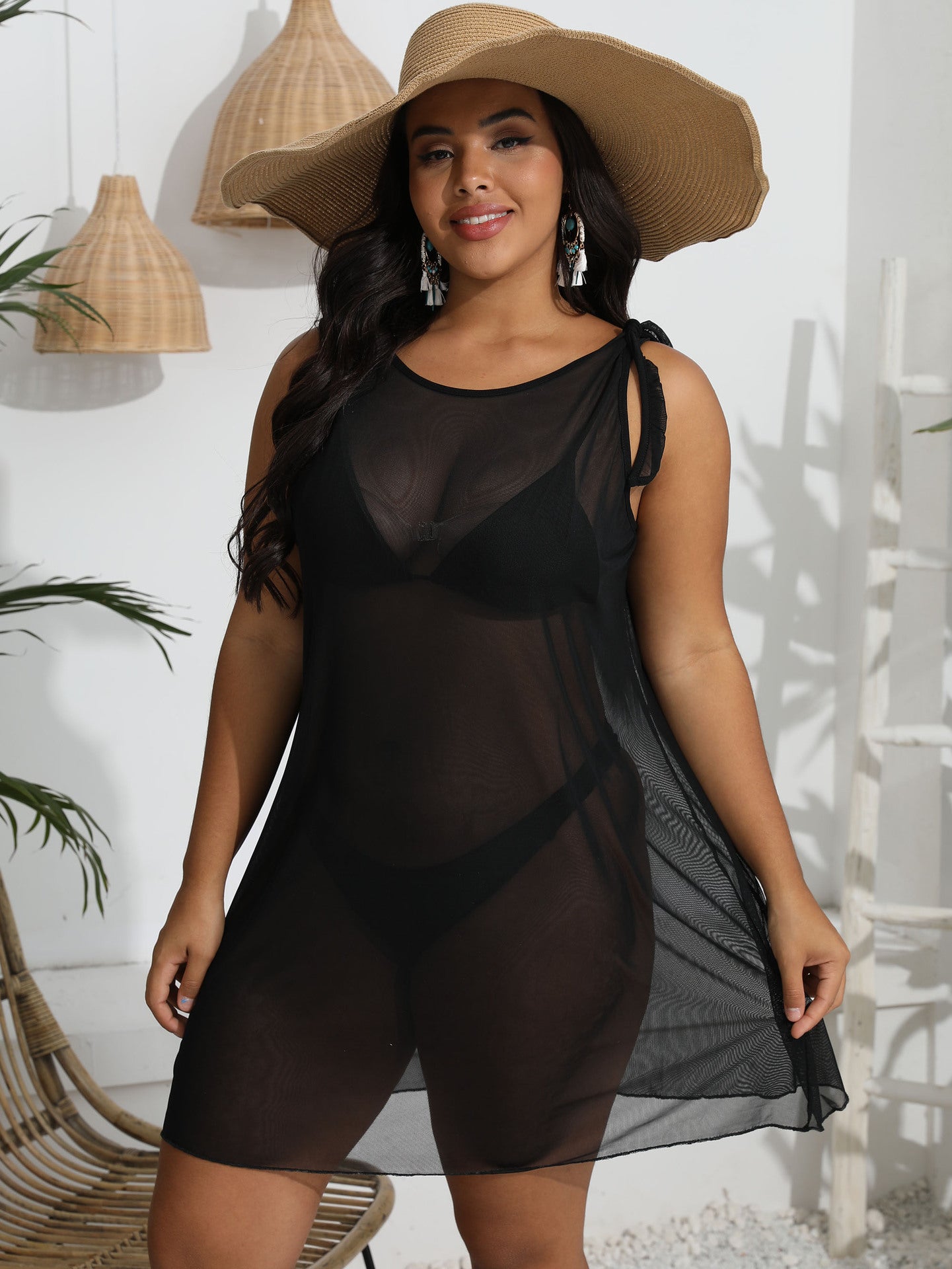 Damen transparenter Strandüberwurf mit verspielten Trägern R&B