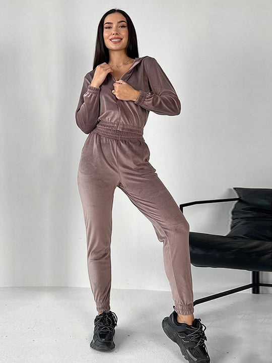 Damen Sportliches Fleece-Loungewear-Set mit Kapuze und tailliertem Schnitt R&B