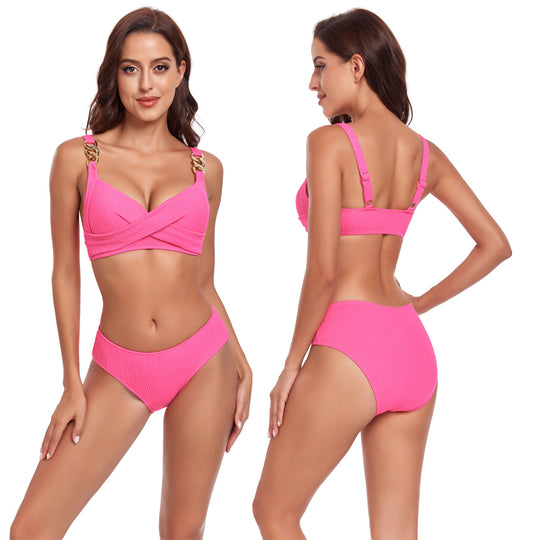 Damen Bikini-Set mit gekreuztem Oberteil und dekorativen Schnallen R&B