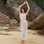 Damen transparenter Häkel-Strandüberwurf mit floralen Applikationen R&B