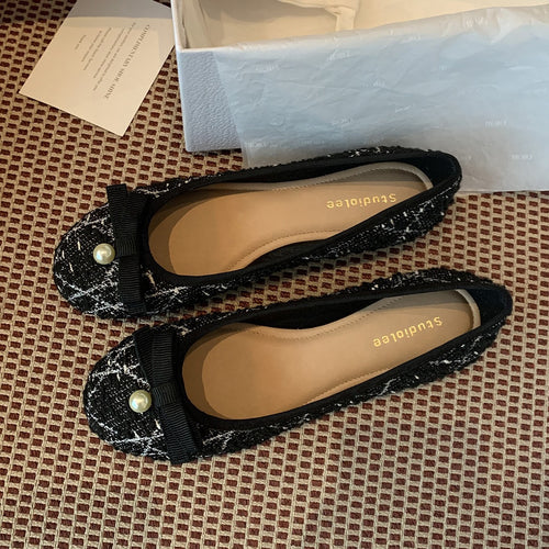 Damen Ballerina mit trendigem Tweed-Obermaterial und elegantem Perlenakzent R&B