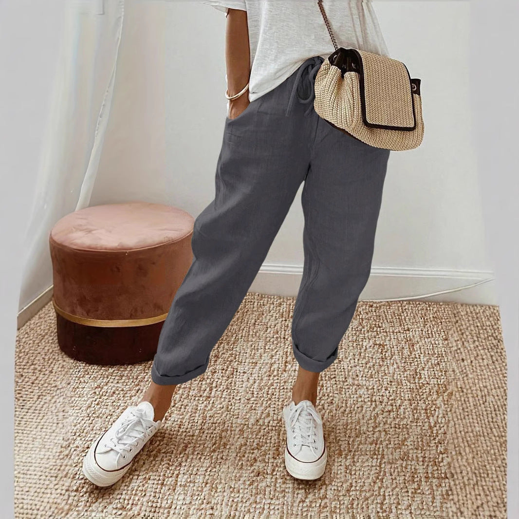 Damen Lässige Leinen-Hose mit elastischem Bund und praktischen Taschen R&B