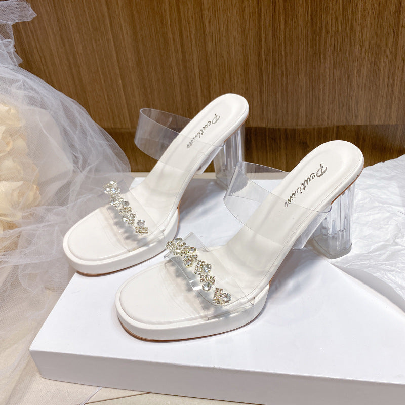 Damen transparente Mules mit funkelndem Strass-Riemchen R&B
