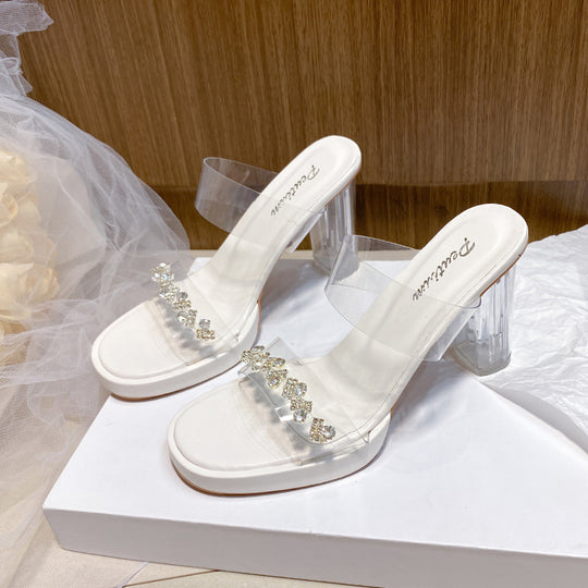 Damen transparente Mules mit funkelndem Strass-Riemchen R&B