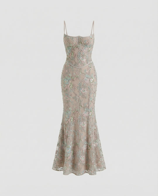 Abendkleid lang mit Spitze und Stickerei