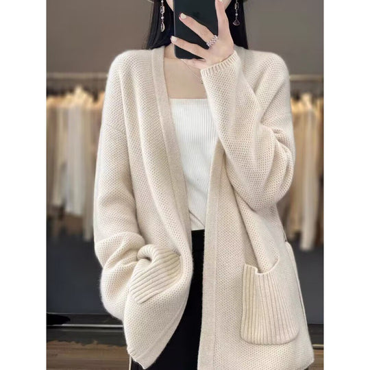 Damen bequeme Strickjacke mit Taillengürtel und Taschen R&B
