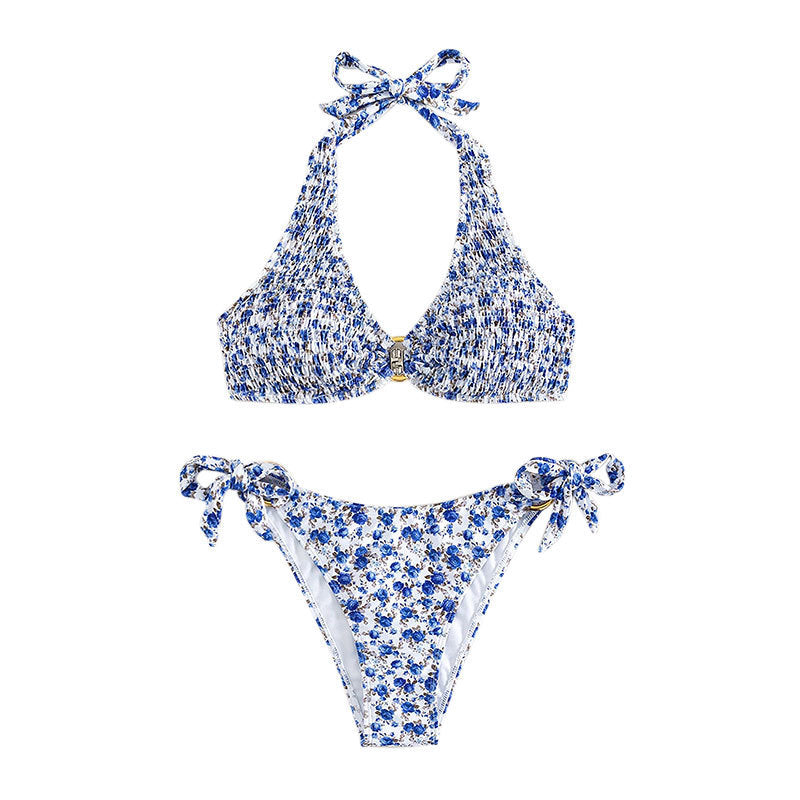 Damen Triangel-Bikini mit buntem Blumenmuster und verstellbaren Bindändern