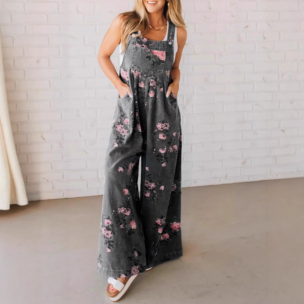 Damen Lässiger Denim-Hosenanzug mit floralem Print und weiten Beinen R&B