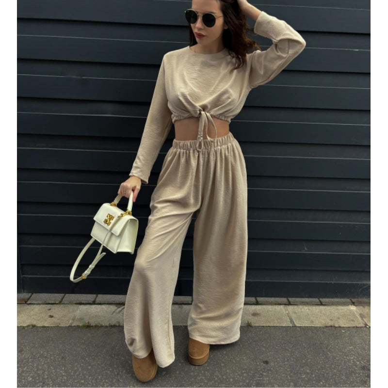 Damen Stylishes Zweiteiler-Set mit raffinierter Crop-Bluse und weiter Hose R&B