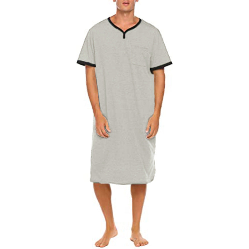 Herren nan langes Baumwoll-Schlafshirt mit Henley-Kragen R&B