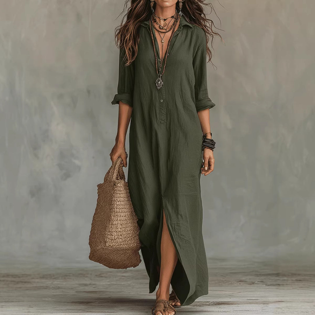Damen Langes Hemdkleid mit Knopfverschluss und seitlichem Schlitz R&B