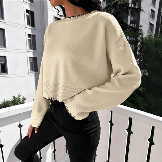Damen lässiger Strickpullover mit geripptem Saum und überschnittenen Schultern R&B