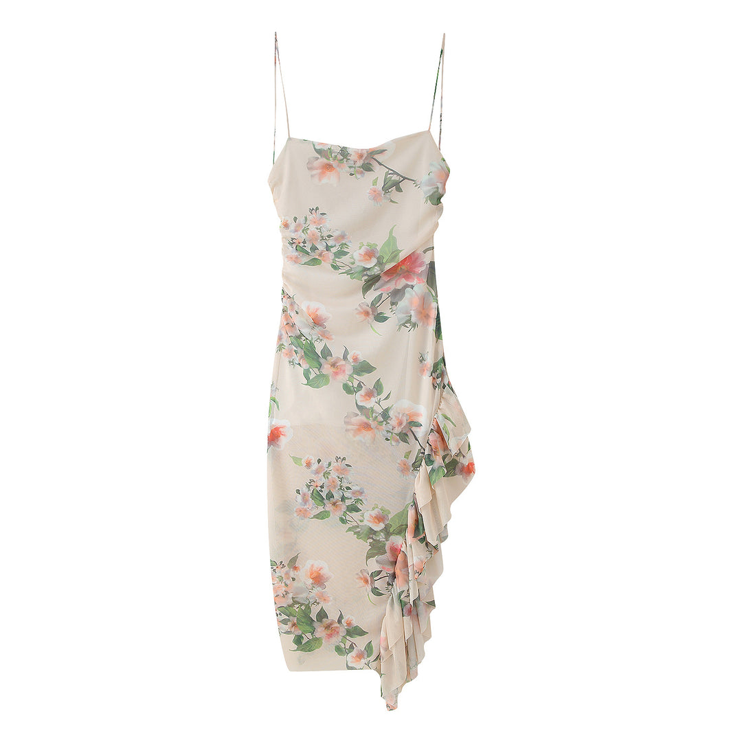 Damen Maxikleid mit floralem Rüschendetail und asymmetrischem Saum R&B