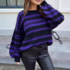 Damen gemütlicher Strickpullover mit modernem Zopfmuster und grafischen Akzenten R&B