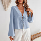 Damen lässige Shirtjacke mit tiefer V-Ausschnitt und Schleifenverschluss R&B