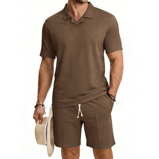 Herren nan kurzärmeliges Polo-Lounge-Set mit V-Einsatz am Kragen und Kordelzug-Bermuda R&B