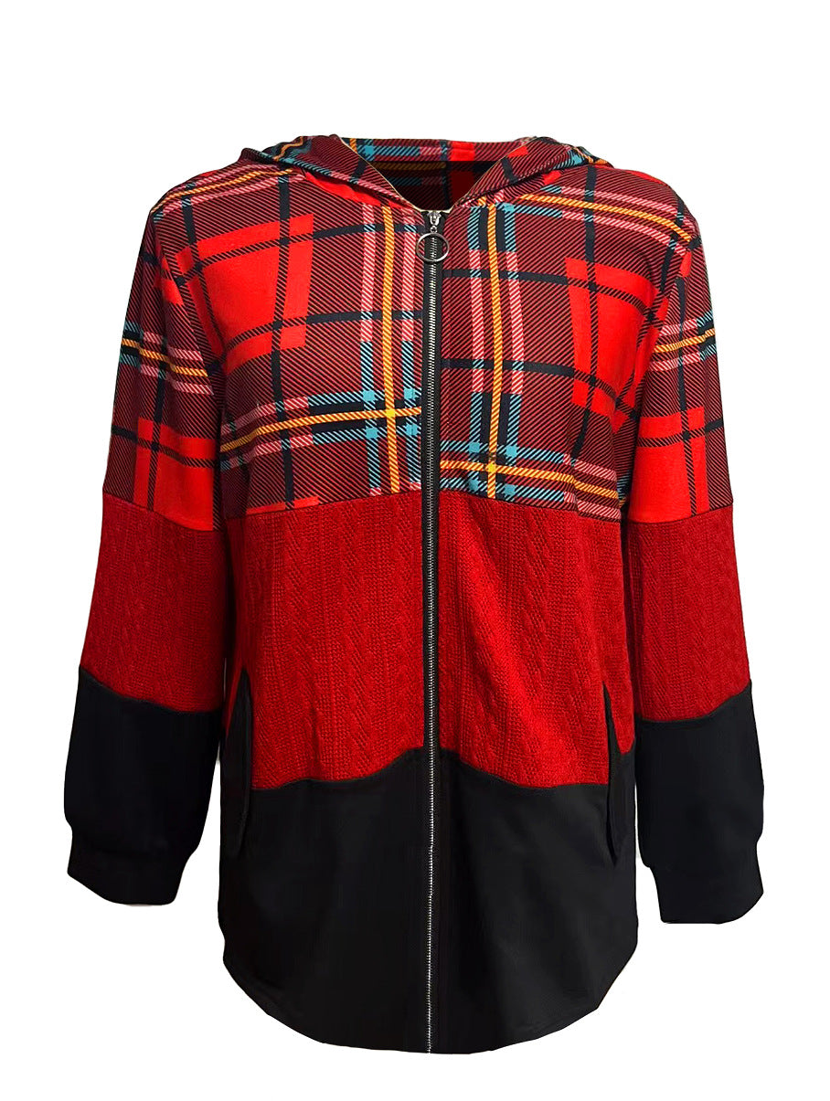 Damen nan lange Kapuzenjacke im Patchwork-Stil mit Karo‑ und Strickeinsätzen, Frontreißverschluss und Eingrifftaschen R&B