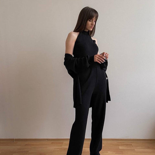 Damen elegantes Strick-Lounge-Set mit hohem Kragen und weiter Passform R&B