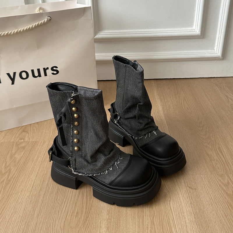Damen Modische Chunky Stiefeletten mit dekorativem Riemen und robustem Profil R&B