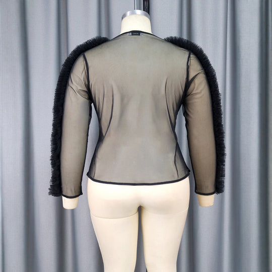 Damen transparente Bluse mit voluminösen Rüschen R&B