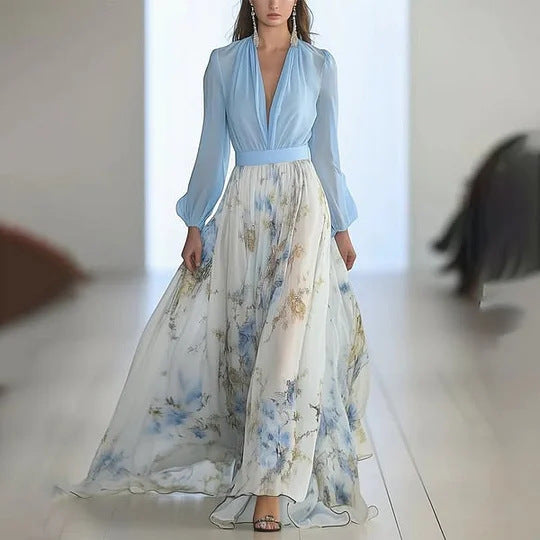 Damen nan fließendes Chiffon-Maxikleid mit tiefem V-Ausschnitt, tailliertem Bund und langem Glockenrock R&B