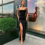 Damen Elegantes Maxikleid mit tiefem Seitenschlitz und schmalen Spaghetti-Trägern R&B