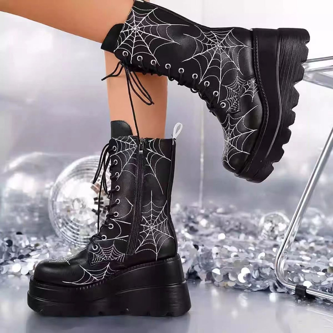 Damen High-Top Stiefel mit modischem Spinnen-Netz-Design und komfortabler Plateausohle R&B