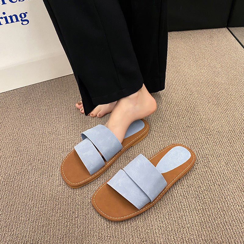 Damen modische Slide-Pantoletten mit breitem Riemen und weichem Fußbett EB