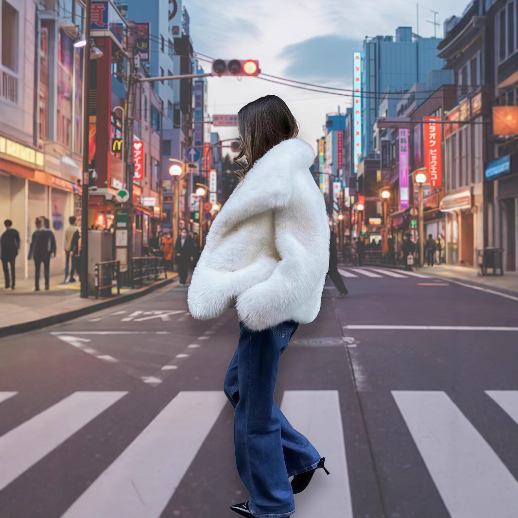 Damen Kunstpelzjacke mit luxuriösem Schnitt und weitem Kragen R&B