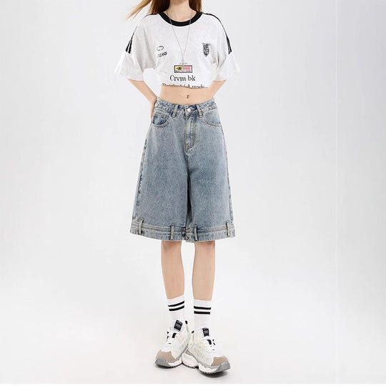 Damen klassische Denim-Shorts mit weitem Bein R&B