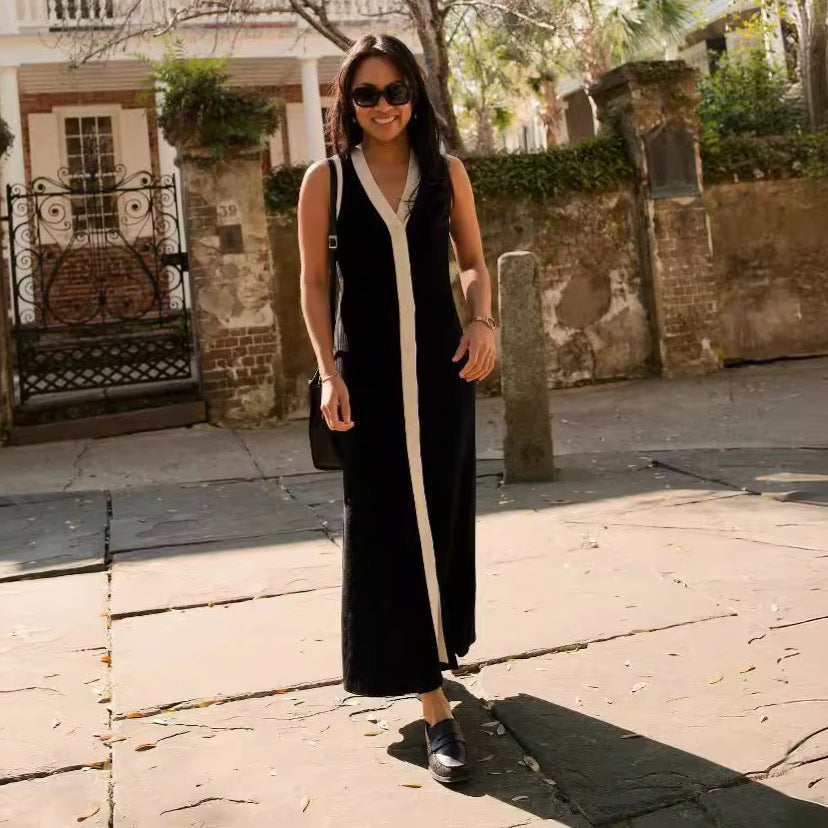 Damen Elegantes Maxikleid mit modernem V-Ausschnitt und asymmetrischem Saum R&B