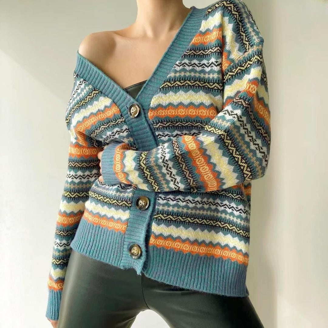 Damen lässiger Strickcardigan mit buntem Muster und Knopfleiste R&B