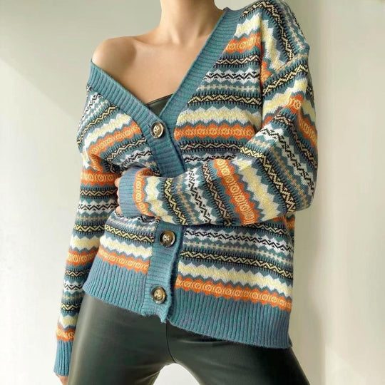 Damen lässiger Strickcardigan mit buntem Muster und Knopfleiste R&B