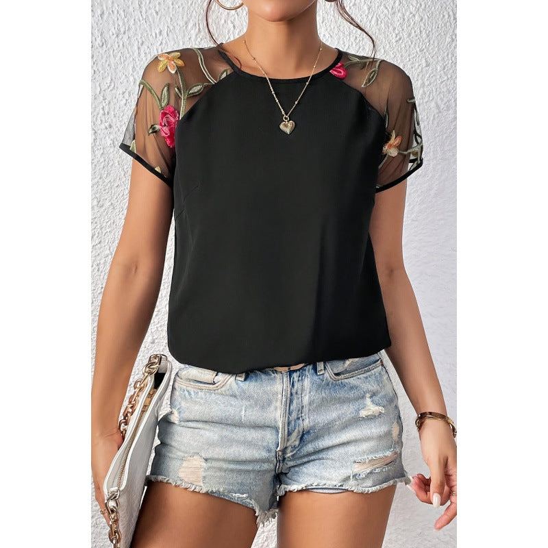 Damen Bluse mit transparenten Spitzenärmeln und floralen Details R&B