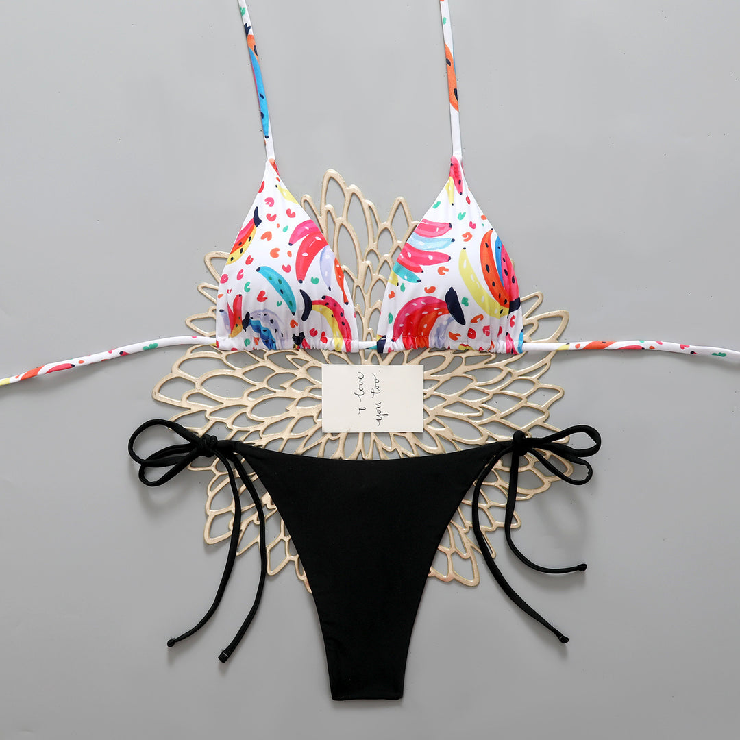 Damen Triangel-Bikini mit buntem Fruchtmuster und femininen Schleifen R&B