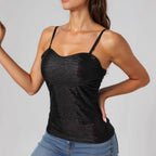 Damen elegantes Spaghettiträgershirt mit luxuriösem Paillettenbesatz und feinem Rippstrick R&B