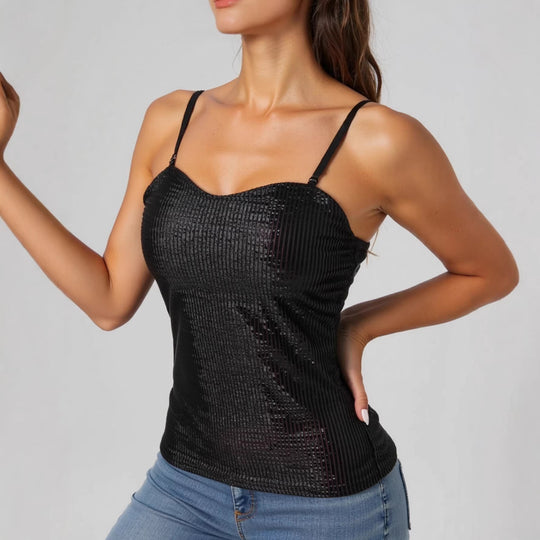 Damen elegantes Spaghettiträgershirt mit luxuriösem Paillettenbesatz und feinem Rippstrick R&B