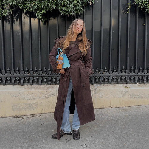 Damen Edler Suede-Trenchcoat mit breitem Kragen und praktischen Taschen R&B