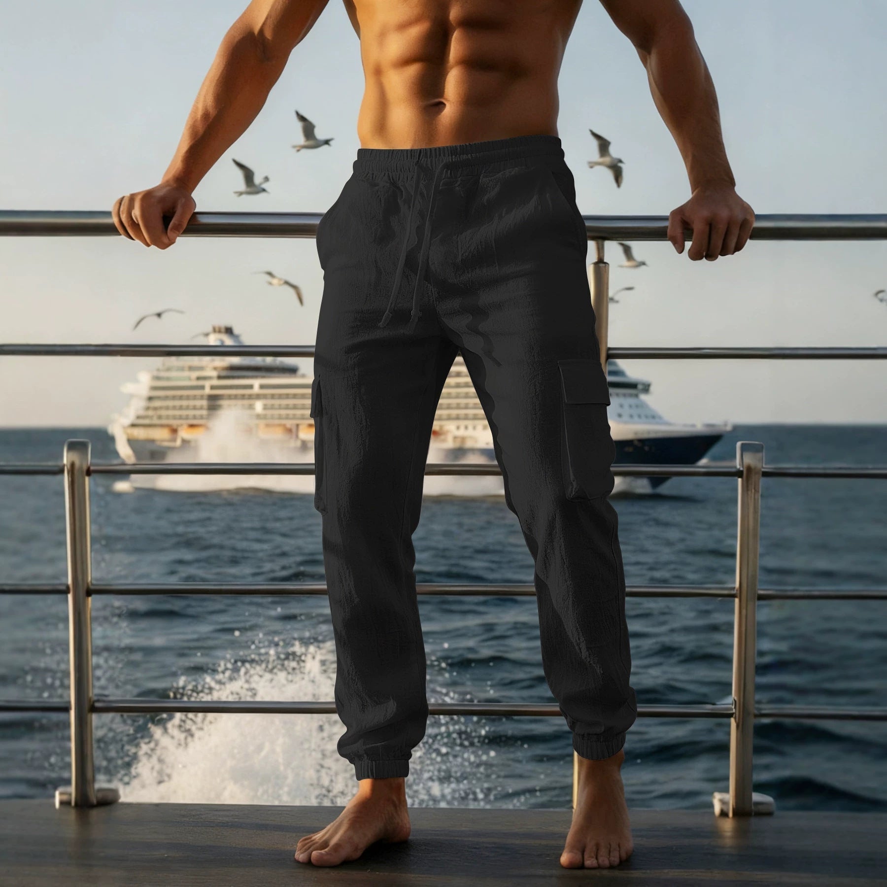 Herren nan sommerliche Leinen-Cargo-Jogginghose mit elastischem Tunnelzugbund und aufgesetzten Klappentaschen R&B